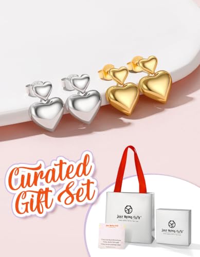 JustBeingCute Heart Stud Earrings 14K Gold Plated 925 Sterling Silver Posts | Dainty Simple Heart Earrings for Women hypoallergenic Chunky Puffy Studs Lightweight with Gift Box（7/10mm） - color: 2-14K Gold Dangle