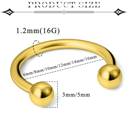 16G Septum Rings Surgical Steel Nose Septum Horseshoe Hoop Earring Eyebrow Tragus Helix Lip Piercing Jewelry Nipple Rings for Women Men 6mm 8mm 10mm 12mm 14mm 16mm - color: goldtone,ball