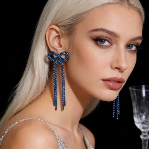 Rhinestone Earrings Dangling for Women Sparkly Silver Dangle Earrings Girls Long Chandelier Earrings Tassel Lightweight Ear Studs Cubic Zirconia (KE001S-W) - color: Bow 516286DY-BZ Coating Blue Zircon