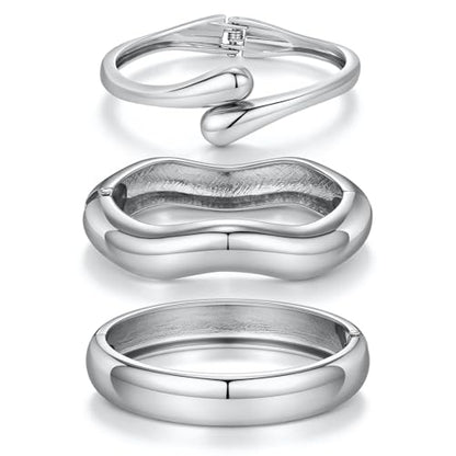 Chunky Gold Bangle Bracelets for Women Trendy 14K Gold Plated Cuff Bracelets Stack, Dainty Gold Bracelet Sets Non Tarnish Fashion Jewelry Gift - style: Silver-3pc-007