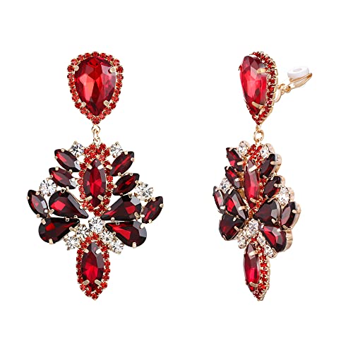 Clip-On Earrings Wedding Stunning Crystal Rhinestone Marquise Teardrop Cluster Dangle Earring for Women Party Prom Accessory - color: Ruby Color Gold-Tone