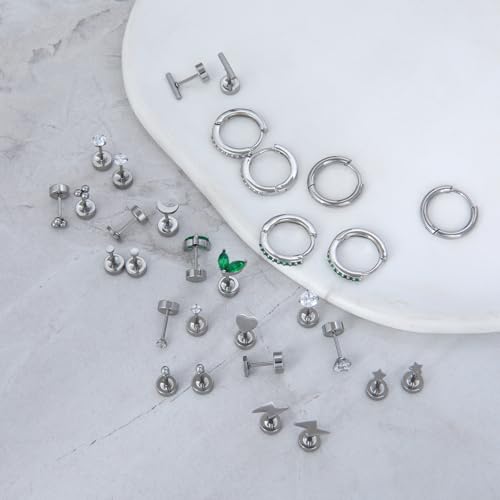 Stainless Steel Stud Earrings Set for Women Hypoallergenic Flat Back Cartilage Earrings Screw Back Huggie Hoop Earrings Multiple Piercing Cubic Zirconia Helix Tragus Jewelry - color: Set-D-Silver