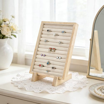 PH PandaHall Rings Display Stand Tray, 13 Slots Wooden Earring Storage Holder Velvet Jewelry Display Rack Ring Organizer for Jewelry Retail Display Selling Home Show Storage, 9.8x7.1 inch