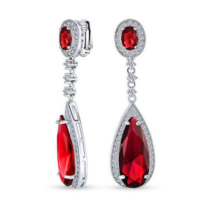 Long Cocktail CZ Halo Teardrop Chandelier Clip On Earrings Silver Plated - color: Red