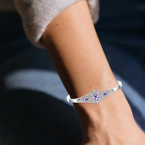 Genuine Amethyst Cuff Bracelet, 925 Sterling Silver Vintage Filigree Engraved Open Bangle Purple Gemstone Boho Jewelry February Birthstone Gift for Women - style: Style A