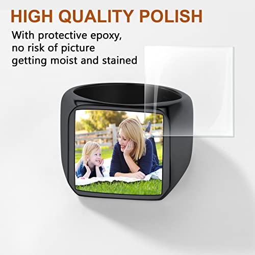 FindChic Customized Signet Photo Rings Square/Heart/Round Chunky Band Ring Stainless Steel/18K Gold Plated/Black Size 7 to 14 Personalized Jewelry for Men Women, Send Gift Box - color: 01. square-no stones (black)