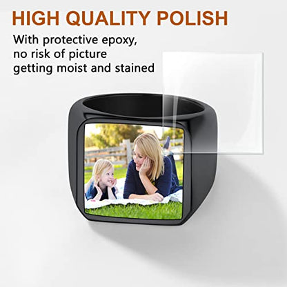 FindChic Customized Signet Photo Rings Square/Heart/Round Chunky Band Ring Stainless Steel/18K Gold Plated/Black Size 7 to 14 Personalized Jewelry for Men Women, Send Gift Box - color: 01. square-no stones (black)