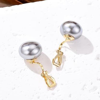 YOQUCOL Simulated Freshwater Pearl Clip On Earrings Not Pierced Elegant Stud Jewelry For Women - color: 16MM-Metallic Grey