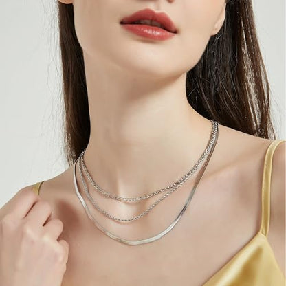 WomenGifts 14K Gold Silver Plated Herringbone Necklace for Women, Dainty Snake Chain Choker, Trendy Simple Long Layered Jewelry Non Tarnish, 3/4/5/8mm,14,16,18,20,22,24,26 Inch Thin & Chunky Options - color: Silver, style: 3mm-14inch