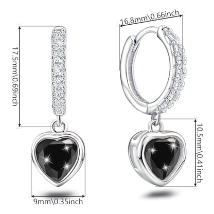 Heart Hoop Earrings with Dangle Sterling Silver Love Heart-Shaped Loop Earrings for Women Hypoallergenic Sparkle Birthstone Cubic Zirconia Hoop Earring with Dangling Charms Dainty Fashion Jewelry Gift - color: Black
