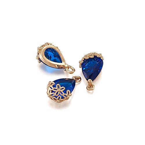 FASHEWELRY 50Pcs Faceted Teardrop Glass Pendants Transparent Crystal Drop Charms with Light Gold Brass Flower Setting for DIY Bracelet Necklace Earring Jewelry Craft Making 16x9mm - color: Medium Blue