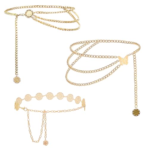 3 Pcs Gold Chain Belt for Women, Adjustable Waist Chain with Clover Butterfly Disc Pendants, Body Jewelry, Boho Belts for Women, Summer Beach Party - color: Gold