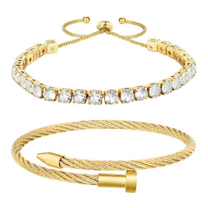 2PCS 18K Gold Plated Nail Bangle & Chain Bracelet Set for Women, Adjustable Stackable Bangle Jewelry, Dainty Gold Bracelet Gift for Women - color: Set A-tennis