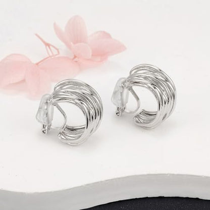 Chunky Clip On Earrings for Women Earrings Non-piercing Hoop Earrings - color: Silver