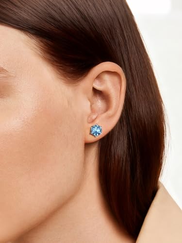 FindChic 2 Carat Birthstone Stud Earrings for Women, Round/Heart/Princess Cut Stud Earrings, Hypoallergenic Studs with 925 Sterling Silver Posts, 12 Months Birthday Jewelry Gift - color: 03. March-Aquamarine(Round Cut )