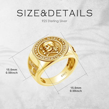 Memento Mori Ring 925 Sterling Silver Gothic Skull Signet Rings Tree of Life for Men Stoic Jewelry Memento Vivere Gifts - color: Gold