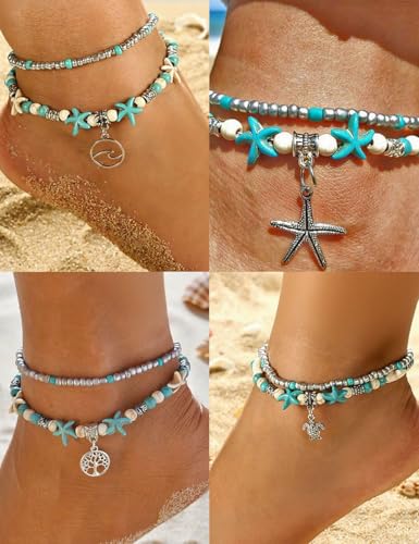 12Pcs Shell Turtle Ankle Bracelets Handmade Seashell Bead Starfish Cowrie Dolphin Adjustable Layered Anklets for Women Boho Hawaii Summer Beach Foot Jewelry - style: B: Shell