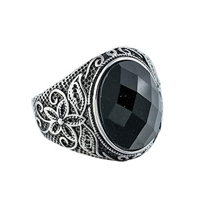 Retro Unisex Stainless Steel Oval Gemstone Hollow Flower Carved Signet Ring - color: Silver-Black