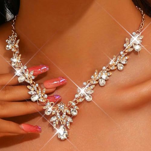 Rhinestone Bridal Wedding Jewelry Sets Gold Necklace Earrings Set Leaf Prom Formal Costume Jewelry Set for Women and Brides - color: Gold