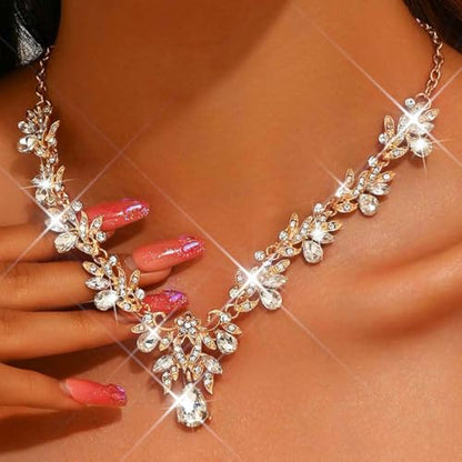 Rhinestone Bridal Wedding Jewelry Sets Gold Necklace Earrings Set Leaf Prom Formal Costume Jewelry Set for Women and Brides - color: Gold