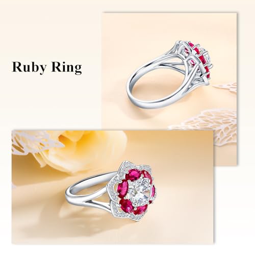 Flower Cocktail Ring for Women Stone Engagement Anniversary Rings | Sterling Silve|Hypoallergenic|Ruby|Sapphire|Emerald|Wedding and Birthday Party Women Statement Ring|Mother and Grandma Gift - color: Ruby (July)