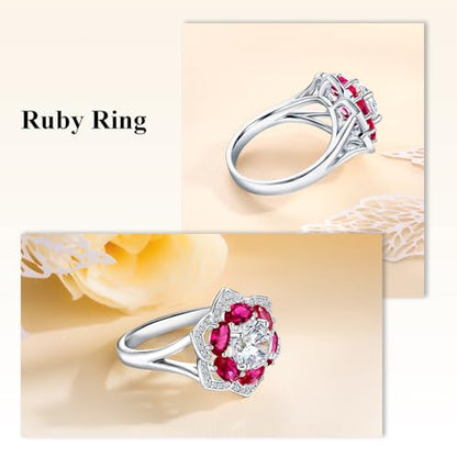 Flower Cocktail Ring for Women Stone Engagement Anniversary Rings | Sterling Silve|Hypoallergenic|Ruby|Sapphire|Emerald|Wedding and Birthday Party Women Statement Ring|Mother and Grandma Gift - color: Ruby (July)