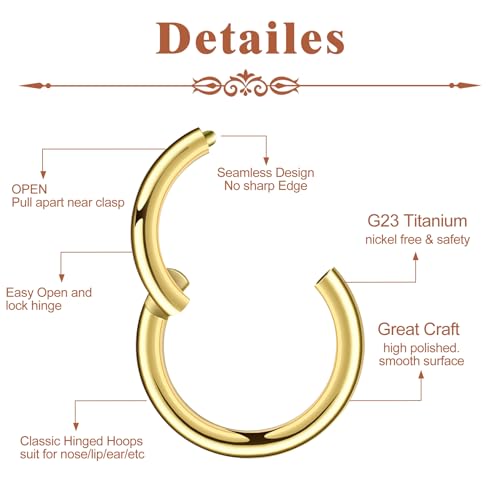 4Pcs Titanium Nose Rings Hoops for Women Men, 18G Gold/Silver Nose Hoops | Hinged Clicker Septum Rings Tragus Conch Helix Daith Lip Body Piercing Jewelry - color: Gold
