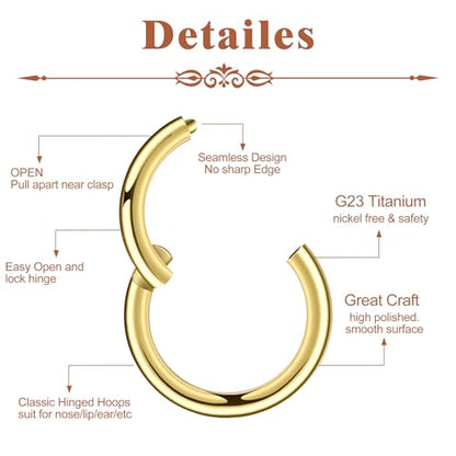 4Pcs Titanium Nose Rings Hoops for Women Men, 18G Gold/Silver Nose Hoops | Hinged Clicker Septum Rings Tragus Conch Helix Daith Lip Body Piercing Jewelry - color: Gold
