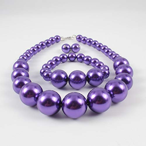 Bridal Wedding Faux Pearl Statement Necklace and Clip on Earrings Bracelet Jewelry Sets Women Bib Choker Necklace - color: Purple-Necklace+Bracelet+Clip Earrings