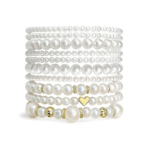 Pearls Bracelets for Women Simulated White Pearl Beaded Bracelet Stack Stackable Stretch Pearl Jewelry Set Multilayered Elastic Gold Pearls Bracelet Set for Prom Party Christmas Gift - style: 10G