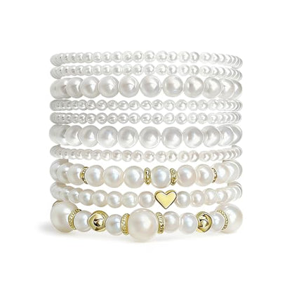 Pearls Bracelets for Women Simulated White Pearl Beaded Bracelet Stack Stackable Stretch Pearl Jewelry Set Multilayered Elastic Gold Pearls Bracelet Set for Prom Party Christmas Gift - style: 10G
