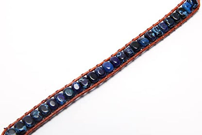 7 Chakra Bracelet Bohemian Handmade Leather Wrap Healing Protection Natural Stone Yoga Beaded Bracelets Boho Friendship Jewelry - color: Navy Blue Turquoise