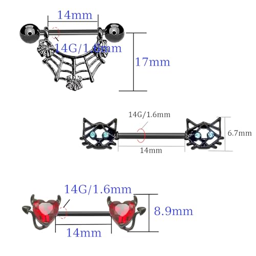 VERAMI 14G 16G Bat Devil Heart Nipple Rings Stainless Steel Heart Nipple Barbell Rings Tongue Rings Body Piercing for Women Men - color: STYLE-3