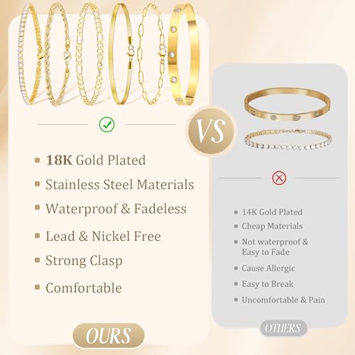 MOINSPIRE Bracelets for Women Non Tarnish, Dainty 18K Gold Plated Bracelets Stack Trendy Waterproof Stackable Bangles, Cuban Link Paperclip Chain Jewelry Set Fashion Accessories Gifts for Women - color: A2--Gold Tennis Ball+Bracelet