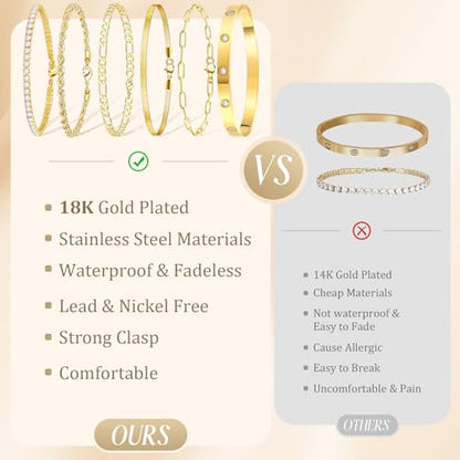 MOINSPIRE Bracelets for Women Non Tarnish, Dainty 18K Gold Plated Bracelets Stack Trendy Waterproof Stackable Bangles, Cuban Link Paperclip Chain Jewelry Set Fashion Accessories Gifts for Women - color: A2--Gold Tennis Ball+Bracelet