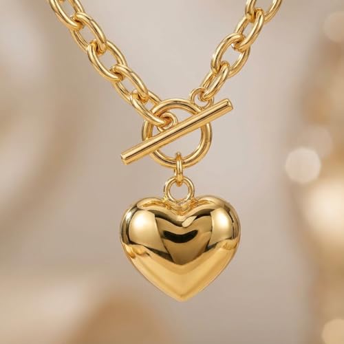 18K Gold Plated Chunky Link Chain Heart Pendant Jewelry for Women, Fashion Statement Accessory, Birthday Gift for Her - color: Gold-Necklace