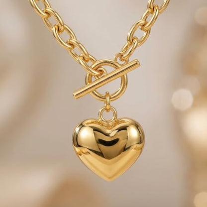 18K Gold Plated Chunky Link Chain Heart Pendant Jewelry for Women, Fashion Statement Accessory, Birthday Gift for Her - color: Gold-Necklace