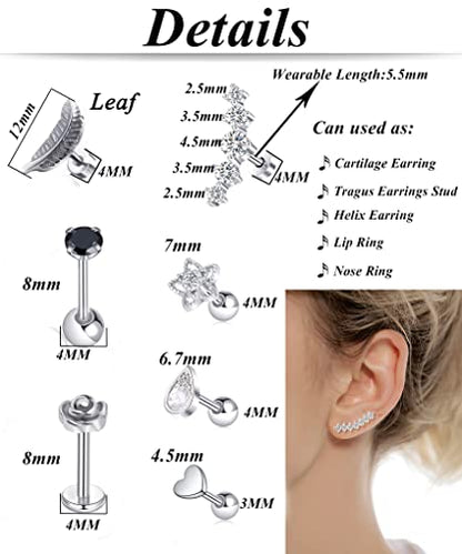 Tornito 9-30Pcs Cartilage CZ Stud Earrings Conch Forward Helix Tragus Daith Piercing Lip Rings Snake Heart Butterfly Jewelry for Women Men 16G Silver Gold Tone - color: C:Silver Tone(Snake)
