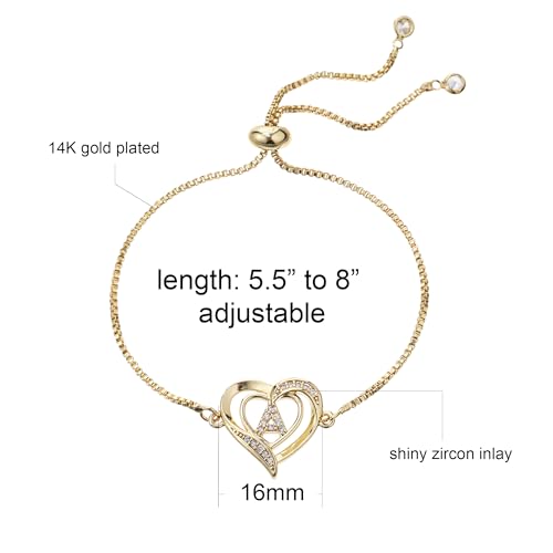 14K White Gold Plated Initial Heart Bracelet for Women Zircon Inlay Heart Initial Charm Bracelets Adjustable Minimalist Jewelry - color: L-gold