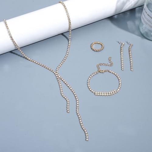 NEWITIN 15 Pieces Gold Jewelry Set for Women Wedding Costume Accessories | Hypoallergenic, Cubic Zirconia, CZ Necklaces Earrings Bracelets Ring, Crystal Jewelry for Wedding Bride Bridesmaid Party Prom - color: Elegant