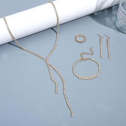 NEWITIN 15 Pieces Gold Jewelry Set for Women Wedding Costume Accessories | Hypoallergenic, Cubic Zirconia, CZ Necklaces Earrings Bracelets Ring, Crystal Jewelry for Wedding Bride Bridesmaid Party Prom - color: Elegant