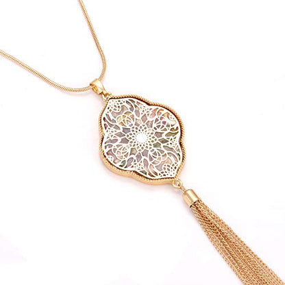 MOLOCH Long Necklaces For Woman Disk Circle Pendant Necklaces Tassel Fringe Necklace Set Statement Pendant - color: quatrefoil--gold-Floral