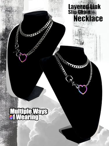 paloli Women's Slip Chain Rainbow Heart O-Ring Chunky Chain Necklace, Rays Cuban Long Layered Jewelry, Adjustable Lariat Y-Necklace Heart Loop Choker - color: D-Heart-Black-Rainbow