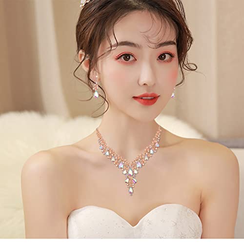 CSY Elegant Crystal Costume Jewelry Sets Flower Bridal Necklace Earrings Stretch Bangle Set for Bride Bridesmaid Wedding Dress Accessories - color: AB crystal-rose gold tone