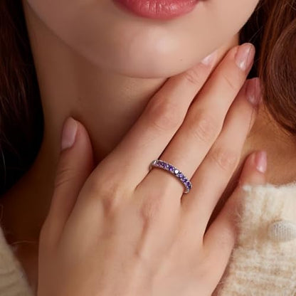 Bezel Set Birthstone Wedding Band 14K Gold Sterling Silver Stackable Half Eternity Band Rings 2.5mm Wide Ruby/Amethyst/Sapphire/Emerald Green/Aquamarine Ring for Women, Send Gift Box - style: 02-Created Amethyst