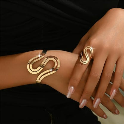Chunky Cuff Bracelet with Ring Jewelry Set for Women Minimalist Wide Open Bracelet Simple Punk Snake Wrist Cuff Trendy Statement Jewelry