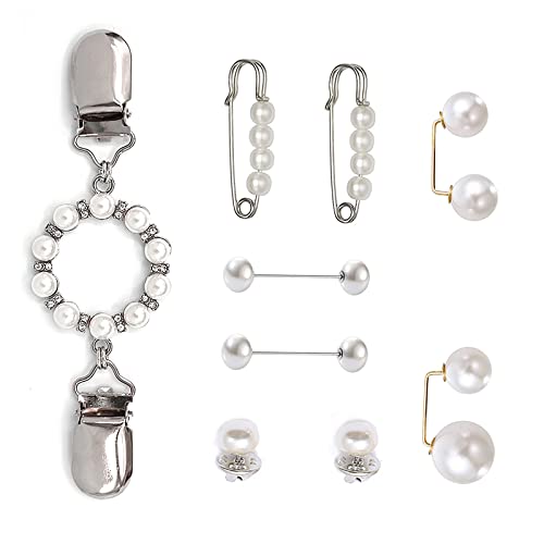 ROPAKED 9 PCS Waist Cincher Clip Pearl Brooch Pins Dress Clips Back Cinch | Waist Cincher Tightening Waistband Cardigan Clip Sweater Shawl Clips Decorated Safety Pins Collar Brooch for Women Clothing