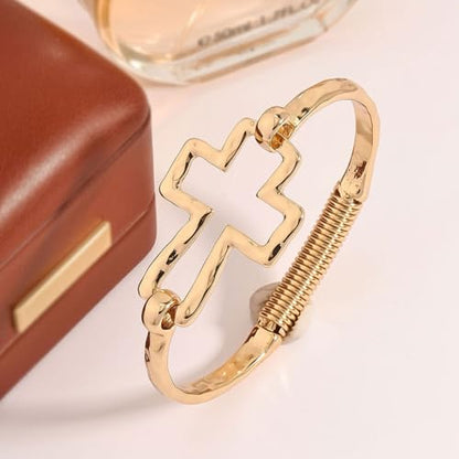 Chunky Heart Bracelet for Women Gold Silver Heart Cuff Bracelet Open Statement Love Bangle Minimalist Jewelry - color: Gold Cross
