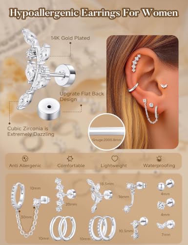 10 Pairs Hypoallergenic Cartilage Flatback Stud Earring for Women | 14K Gold Plated Flatback Stud Hoop Earring Sets for Helix Tragus Conch Piercing Jewelry Earring for Women Trendy - color: Silver Plated