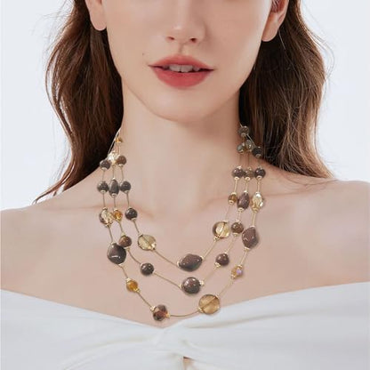 Coiris 3 Layers Illusion Wire Beaded Statement 19.5" Necklace for Women - color: N0005-Brown
